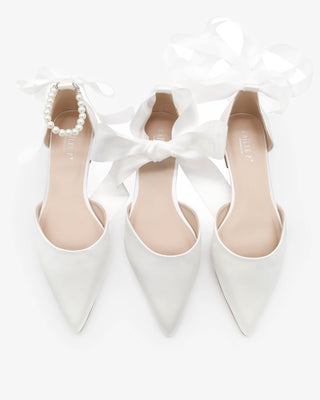 Satin Pointy Toe Bridal Flats with Ribbon Tie or Pearls Strap
