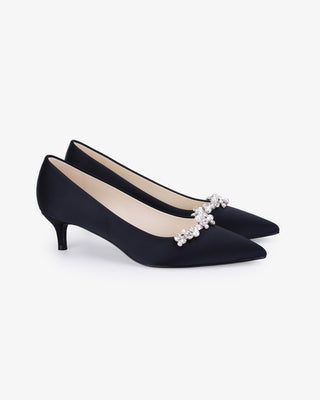 Black satin pointy toe kitten heel pumps with Moonlight Pearls embellishment