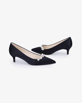 Black satin pointy toe kitten heel pumps with Moonlight Pearls embellishment