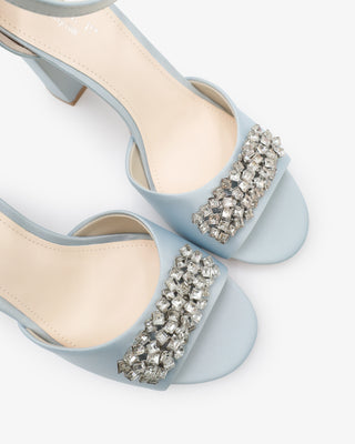 Light Blue Satin Block Heel Wedding Sandals with Rhinestones Embellishments