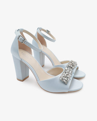 Light Blue Satin Block Heel Wedding Sandals with Rhinestones Embellishments