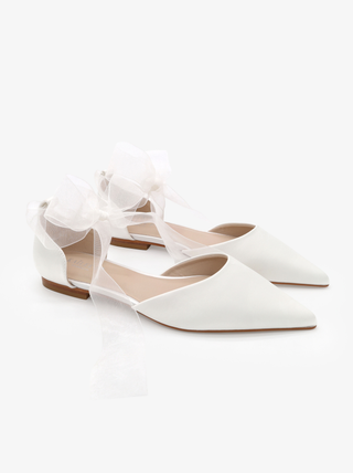 Satin Pointy Toe Bridal Flats with Sheer Ribbon Tie