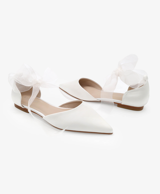 Satin Pointy Toe Bridal Flats with Sheer Ribbon Tie