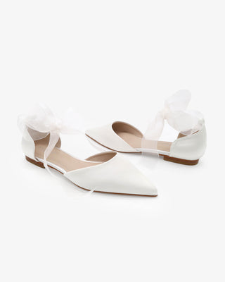 White Satin Pointy Toe Bridal Flats with Sheer Organza  Ribbon Ankle Tie