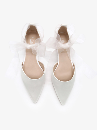 Satin Pointy Toe Bridal Flats with Sheer Ribbon Tie