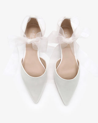 White Satin Pointy Toe Bridal Flats with Sheer Organza  Ribbon Ankle Tie