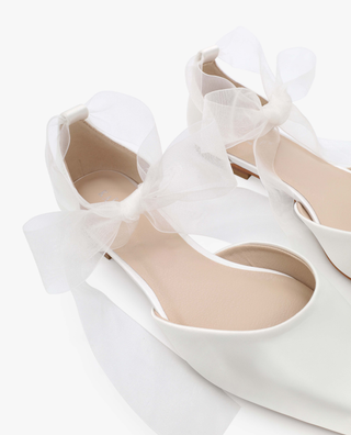Satin Pointy Toe Bridal Flats with Sheer Ribbon Tie