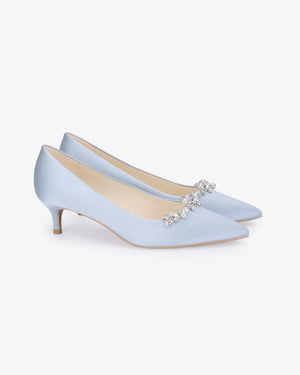 Satin Pointy Toe Kitten Heel Wedding Pumps with Moonlight Pearls