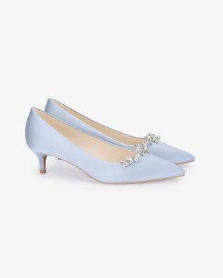 Light Blue satin pointy toe kitten heel pumps with Moonlight Pearls embellishment