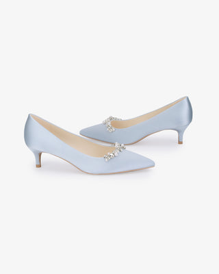 Light Blue satin pointy toe kitten heel pumps with Moonlight Pearls embellishment