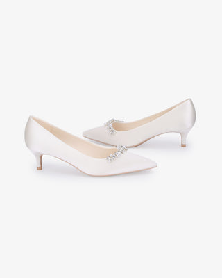 Ivory satin pointy toe kitten heel pumps with Moonlight Pearls embellishment