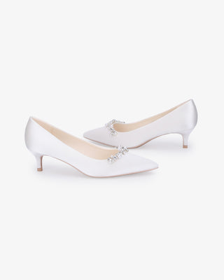 White satin pointy toe kitten heel pumps with Moonlight Pearls embellishment