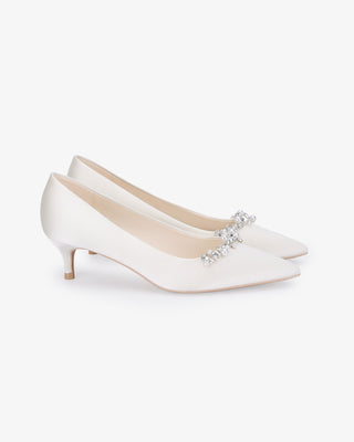 Ivory satin pointy toe kitten heel pumps with Moonlight Pearls embellishment