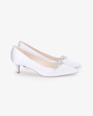 Satin Pointy Toe Kitten Heel Wedding Pumps with Moonlight Pearls