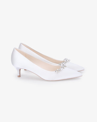 White satin pointy toe kitten heel pumps with Moonlight Pearls embellishment