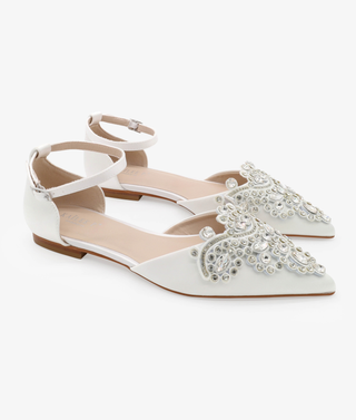 Satin Pointy Toe Flats with Rhinestones Applique Embellishments