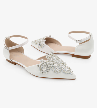 Satin Pointy Toe Flats with Rhinestones Applique Embellishments