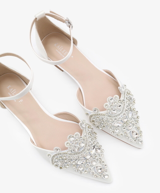 Satin Pointy Toe Flats with Rhinestones Applique Embellishments