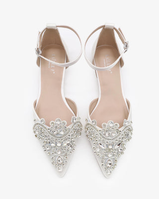 White Satin Pointy Toe Flats with Rhinestones Applique Embellishments