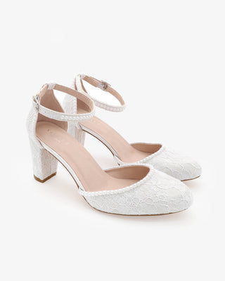White Lace Block Wedding Heel with Mini Pearls