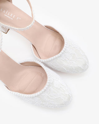 White Lace Block Wedding Heel with Mini Pearls