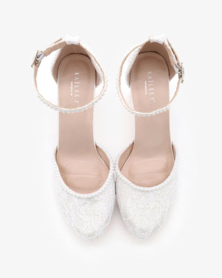 White Lace Block Wedding Heel with Mini Pearls