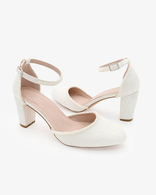 Ivory Lace Block Wedding Heel with Mini Pearls