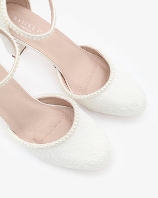 Ivory Lace Block Wedding Heel with Mini Pearls
