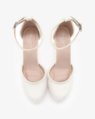 Ivory Lace Block Wedding Heel with Mini Pearls