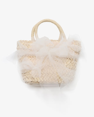 Woven Rattan Bag with Tulle Bow and Organza Flowers
