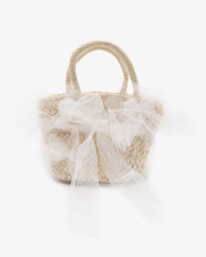 Woven Rattan Bag with Tulle Bow and Organza Flowers