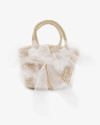 Woven Rattan Bag with Tulle Bow and Organza Flowers