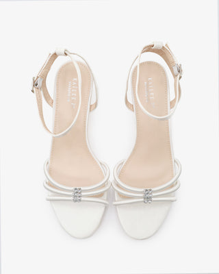 White satin with kitten heels strappy wedding sandals with rhinestones embellishments