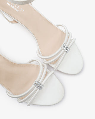 White satin with kitten heels strappy wedding sandals with rhinestones embellishments