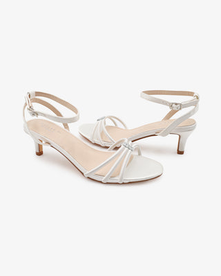 White satin with kitten heels strappy wedding sandals with rhinestones embellishments