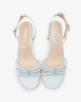 Light blue satin strappy wedding sandals with kitten heels and rhinestones 