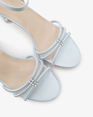Light blue satin strappy wedding sandals with kitten heels and rhinestones 