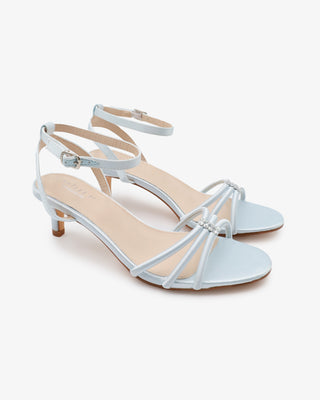 Light blue satin strappy wedding sandals with kitten heels and rhinestones 