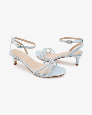 Light blue satin strappy wedding sandals with kitten heels and rhinestones 