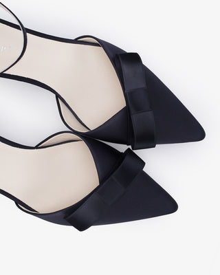 Black Satin Pointy Toe Low Block Heels Evening Shoes with Celina Bow