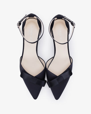Black Satin Pointy Toe Low Block Heels Evening Shoes with Celina Bow