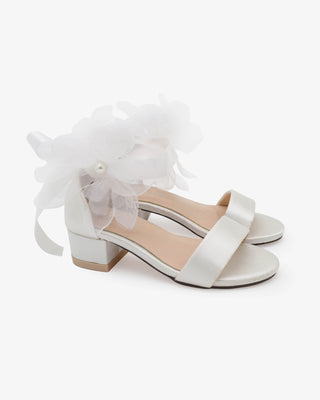 White Satin Flower Girls Block Heel Sandals with Ophelia Flowers