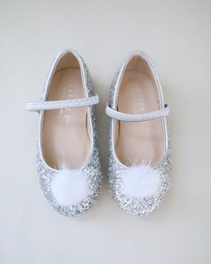 Rock Glitter Mary Jane Ballet Flats with White Faux Fur Puff