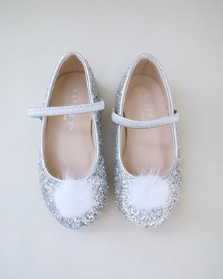 Rock Glitter Mary Jane Ballet Flats with White Faux Fur Puff