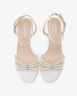 Ivory satin with kitten heels strappy wedding sandals with rhinestones embellishments
