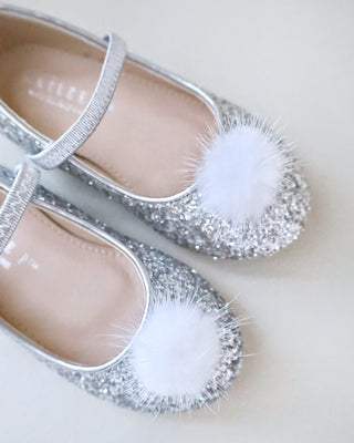 Rock Glitter Mary Jane Ballet Flats with White Faux Fur Puff