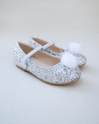 Rock Glitter Mary Jane Ballet Flats with White Faux Fur Puff