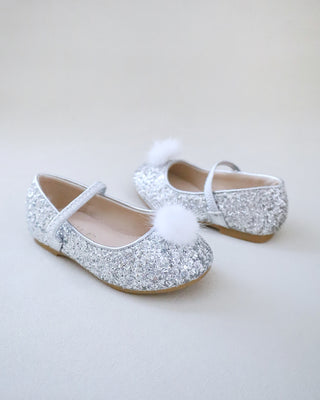 Rock Glitter Mary Jane Ballet Flats with White Faux Fur Puff