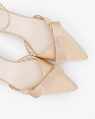 Champagne Satin Pointy Toe Low Block Heels Evening Shoes with Celina Bow