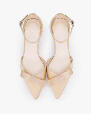 Champagne Satin Pointy Toe Low Block Heels Evening Shoes with Celina Bow